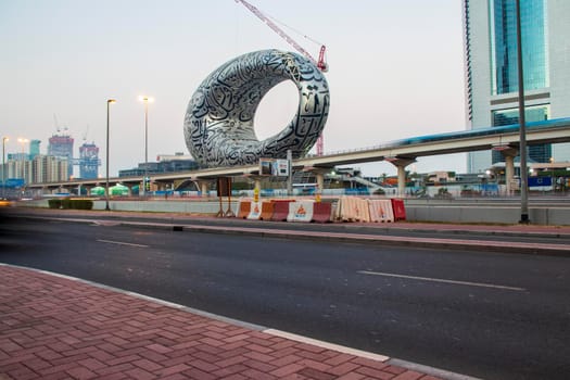 Main road of a United Arab Emirates, Shekh Zayed road. Shot taken in Dubai. Many of famous buildings can be seen as well as metro station and "Museum of future" Outdoors