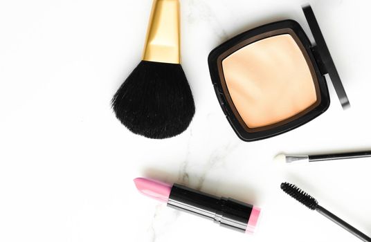 Make-up and cosmetics products on marble, flatlay background - modern feminine lifestyle, beauty blog and fashion inspiration concept