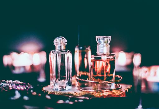 Perfumery, cosmetic branding and spa concept - Perfume bottles and vintage fragrance at night, aroma scent, fragrant cosmetics and eau de toilette as luxury beauty brand, holiday fashion parfum design