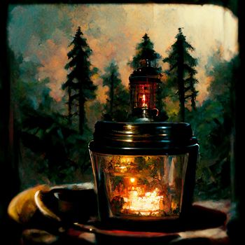 Abstract illustration of an oil lamp in the forest. High quality illustration