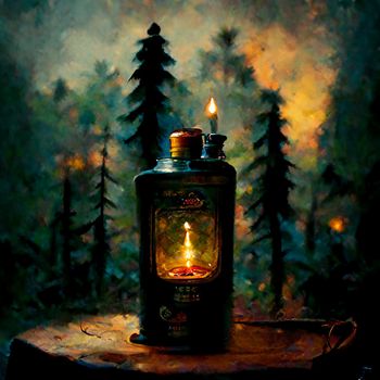 Abstract illustration of an oil lamp in the forest. High quality illustration