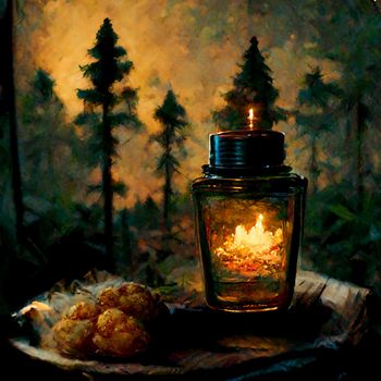 Abstract illustration of an oil lamp in the forest. High quality illustration