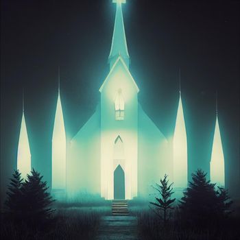 The temple embraced by light in the night. High quality illustration