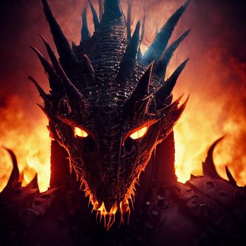 Dragon knight against the background of flames. High quality illustration