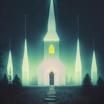 The temple embraced by light in the night. High quality illustration