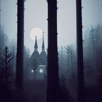 A lonely building in a gloomy forest. High quality illustration
