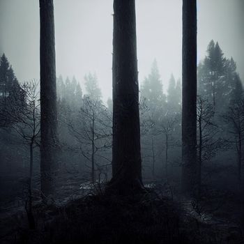 Gloomy forest in gray tones. High quality illustration