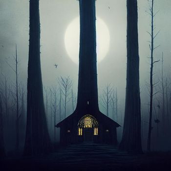 A lonely building in a gloomy forest. High quality illustration