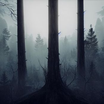 Gloomy forest in gray tones. High quality illustration