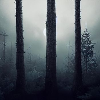 Gloomy forest in gray tones. High quality illustration