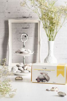Snowballs Vanilla Cream Belgian chocolate candies Geldhof, As, Belgium, January 26, 2022. High quality photo