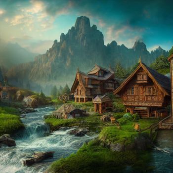 Fantasy village in the mountains. High quality illustration