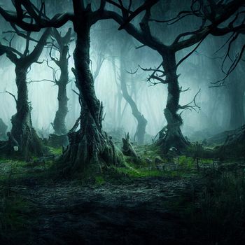Gloomy forest in the fog. High quality illustration