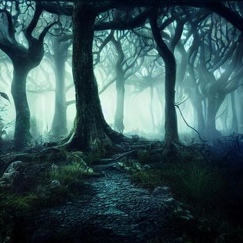 Gloomy forest in the fog. High quality illustration