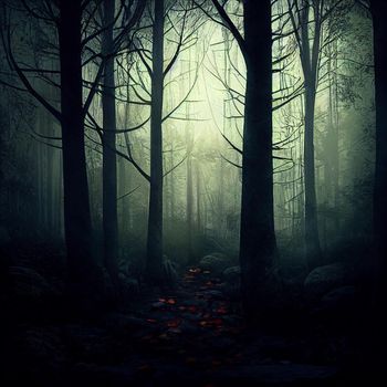 Gloomy forest in the fog. High quality illustration