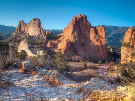 Sunrise at Garden of the Gods Rock Formation in Colorado.