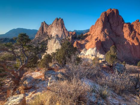 Sunrise at Garden of the Gods Rock Formation in Colorado.