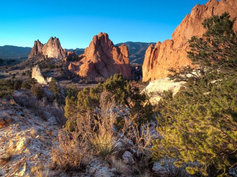 Sunrise at Garden of the Gods Rock Formation in Colorado.