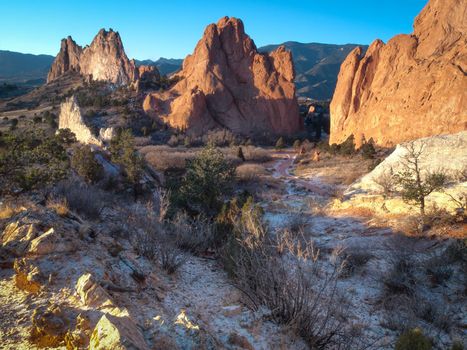 Sunrise at Garden of the Gods Rock Formation in Colorado.