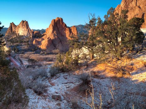 Sunrise at Garden of the Gods Rock Formation in Colorado.