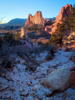 Sunrise at Garden of the Gods Rock Formation in Colorado.