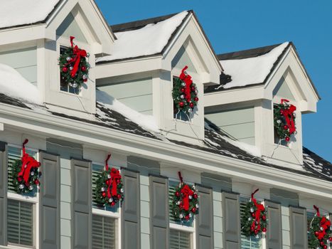 House decorated for winter holidays.