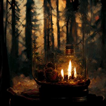 Abstract illustration of an oil lamp in the forest. High quality illustration