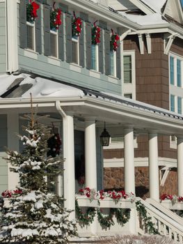 House decorated for winter holidays.