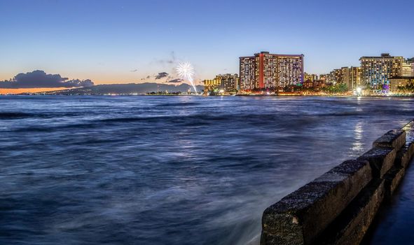 sunset at waikiki beach area in oahu hawaii