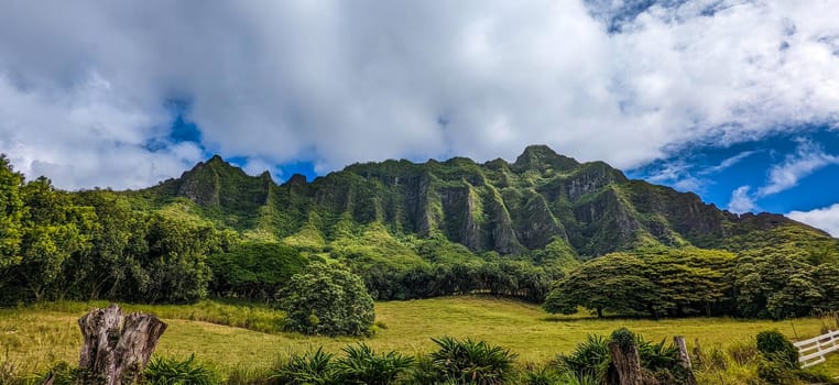 Kualoa mountain range panoramic view, famous filming location on Oahu island, Hawaii