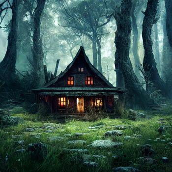 Fairytale house in a gloomy forest. High quality illustration