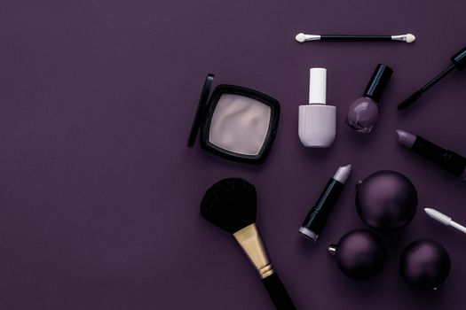 Cosmetic branding, fashion blog cover and girly glamour concept - Make-up and cosmetics product set for beauty brand Christmas sale promotion, luxury plum flatlay background as holiday design