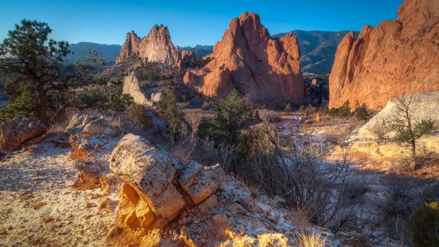 Sunrise at Garden of the Gods Rock Formation in Colorado.