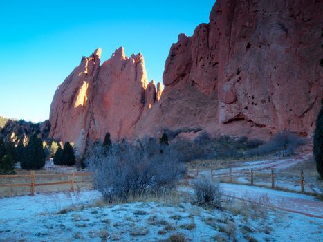 Sunrise at Garden of the Gods Rock Formation in Colorado.