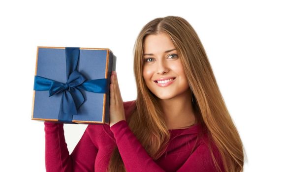 Birthday, Christmas or holiday present, happy woman holding a blue gift or luxury beauty box subscription delivery isolated on white background, portrait