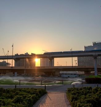 Dubai metro line along the Shaikh Zayed road, main road of UAE. Outdoors