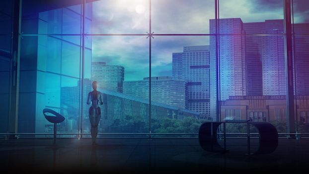 Silhouette of an android standing against the background of an office window with a view of city buildings. 3D render.