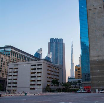 View of some skyscrapers along the Sheikh Zayed Road in Dubai. Burj Khalifa tallest building in the world can be seen on the scene. Outdoors