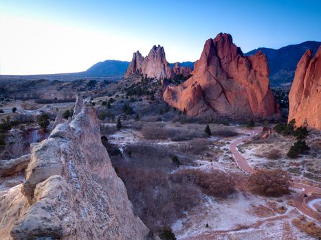 Sunrise at Garden of the Gods Rock Formation in Colorado.