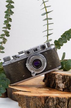 Old fashioned retro vintage photo camera close up. Branches with leaves and wooden boards decoration. White background with copy space.