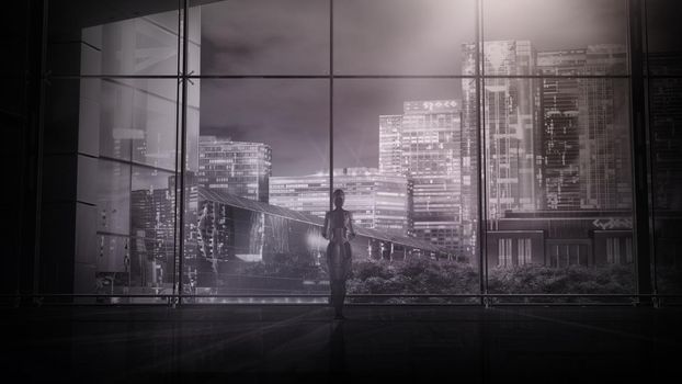 An android is standing in an empty room in front of a window overlooking the night city. 3D render.