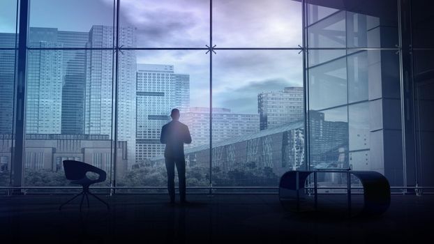 A silhouette of a businessman standing against an office window with a view of city buildings. 3D render.