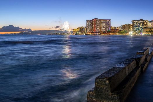 sunset at waikiki beach area in oahu hawaii