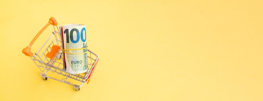 A roll of euro banknotes with a yellow elastic band in a small trolley on a yellow background. cash paper currency, payment, earning and savings, european currency money and finance concept. copy text