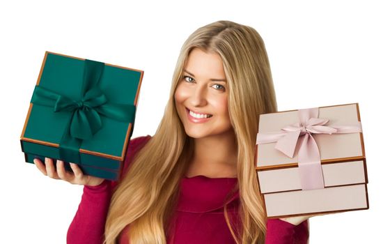 Christmas gifts and holiday presents, happy woman holding gift boxes isolated on white background, portrait