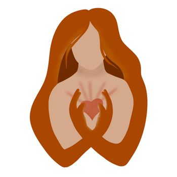 Hand drawn illustration of white red hair woman holding shining healing heart in hands. Harmony well being self-help concept, love psychology therapy design, simple minimalism mind drawing