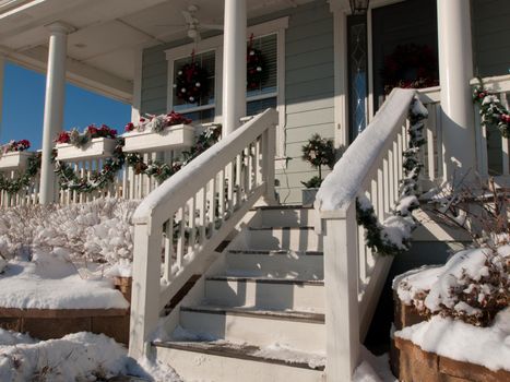 House decorated for winter holidays.