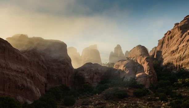 Arches National Park in the morning Misty fog