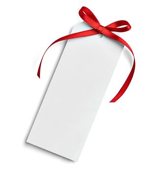 close up of a note card with ribbon bow on white background