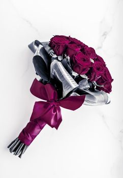 Gift for her, romantic relationship and floral design concept - Luxury bouquet of maroon roses on marble background, beautiful flowers as holiday love present on Valentines Day